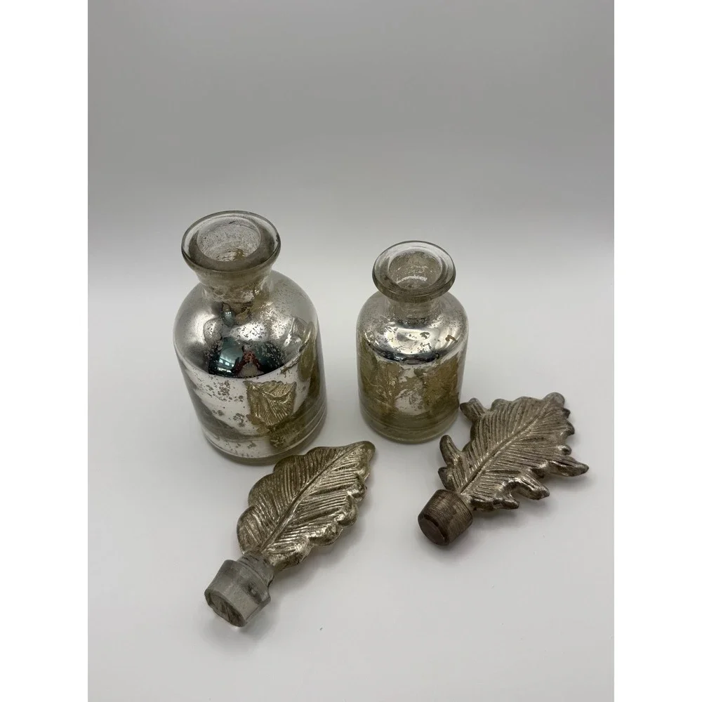 Pottery Barn Mercury Glass Bottles Set of 2 Silver Leaf Stopper Decorative Vases